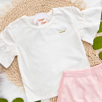 Conj. Blusa com Manga Flare com Strass e Saia Canelado com Tule - Off White e Rosa